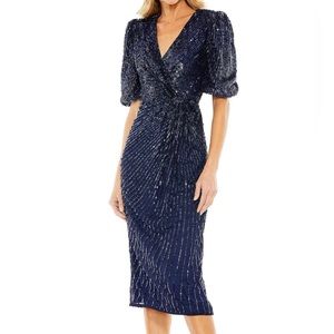 Mac Duggal 5578 Puff Sleeve Sequin Cocktail Sheath Midnight Dress Women’s 14 NWT
